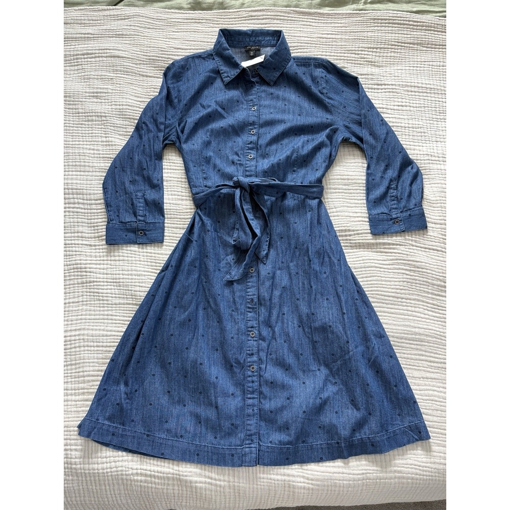 Talbots Denim Polka Dot Belted shirt dress Chambray button front midi‎ blue 10 P